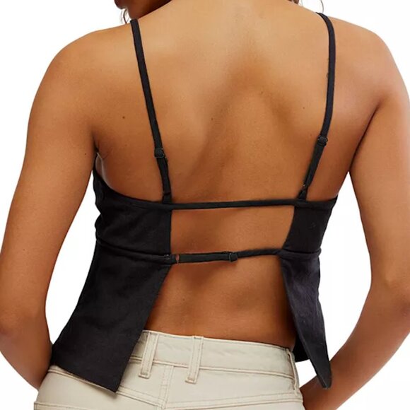 Free People James Black Linen Crop Tank Top Adjustable Straps Size Small - Picture 13 of 13